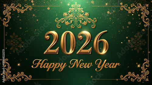 happy new year in golden color at downside of 2026 and this is in also in golden 3d color font on green classic background with golden border and golden design at top