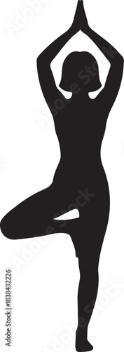 Black silhouette of woman doing yoga pose on white background, vector