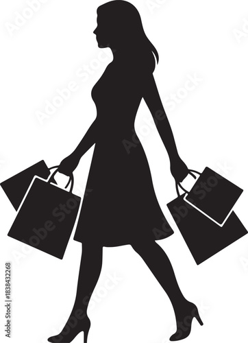 Black silhouette of woman shopping with bags on white background, vector