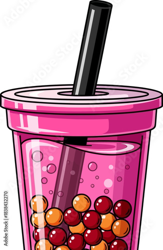 Pink Bubble Tea Drink with Tapioca Pearls and Straw.