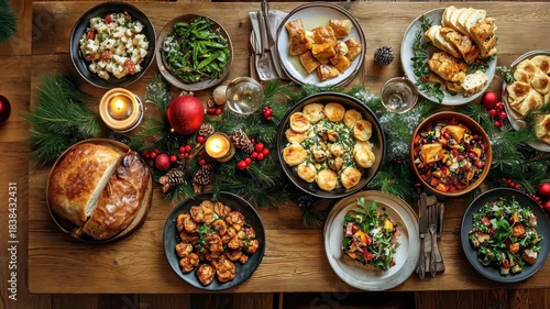 Festive christmas dinner table setting with turkey, vegetables, and holiday decorations during the day