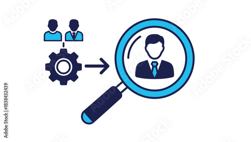 Talent Selection Process Vector Icon. Magnifying glass zooming in on a professional employee after candidate filtering and HR mechanism illustrated by user icons and a gear symbol.