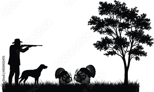 Hunter with a rifle and hunting dog aiming at two wild turkeys near a tree, representing hunting season, wildlife sport, nature, traditional outdoor recreation, and forest activity.