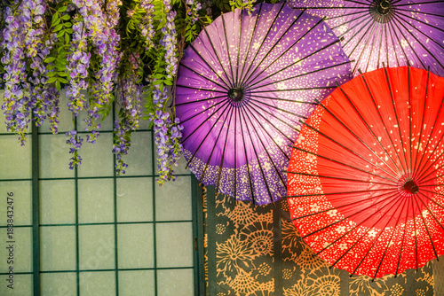 Photography 藤の花が垂れる下で照らされる紫の和傘の装飾／Purple Japanese umbrella illuminated beneath hanging wiste
