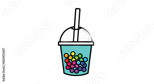 Colorful Boba Tea Cup with Rainbow Tapioca Pearls and Straw.