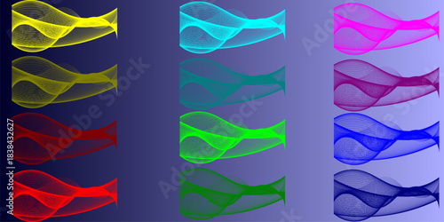 Abstract wavy translucent shapes in multiple vibrant colors arranged on a gradient blue background.