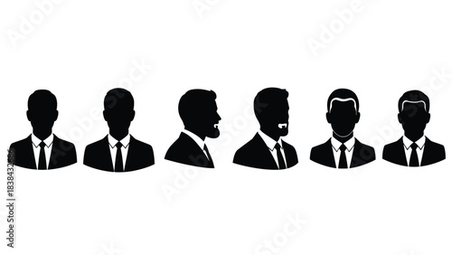 Set of Six Business Avatars Silhouettes. Vector Illustration of Professional Men in Suits and Ties, Including Front and Side Profiles