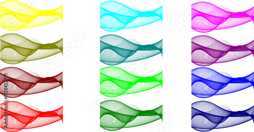 A collection of colorful abstract wavy translucent shapes arranged in rows on a white background, showcasing various hues for graphic design elements.