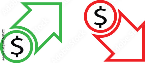 financial profit and loss indicators with dollar signs and upward downward trend arrows isolated on white background.