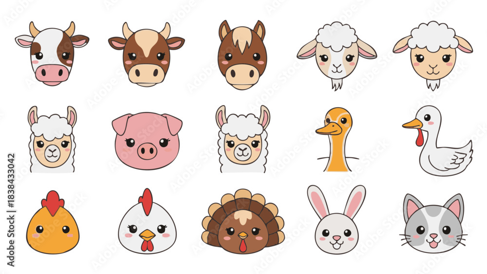 Obraz premium Cute flat kawaii vector set of 15 farm animal faces including cow, bull, horse, sheep, goat, pig, llama, alpaca, duck, goose, turkey, chicken, rooster, rabbit and barn cat, isolated on white backgroun