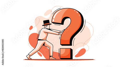 Man Pushing Large Question Mark Symbol Seeking Answers or Overcoming Business Challenge