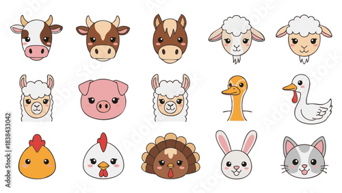 Cute flat kawaii vector set of 15 farm animal faces including cow, bull, horse, sheep, goat, pig, llama, alpaca, duck, goose, turkey, chicken, rooster, rabbit and barn cat, isolated on white backgroun
