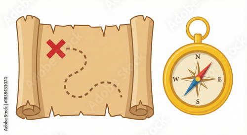 Vibrant illustration of a classic treasure map with an 'X' marking the spot, alongside a shiny golden compass for navigation and thrilling exploration
