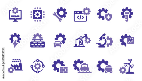Dynamic set of industry and technology icons featuring gears symbolizing engineering, maintenance, and complex systems integration