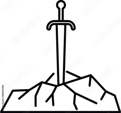 Sword piercing cracked rock representing power, myth, and legend