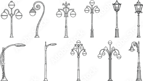 Vintage Street Lights and Outdoor Lanterns Vector Collection for Cityscape, Urban, and Architectural Design
