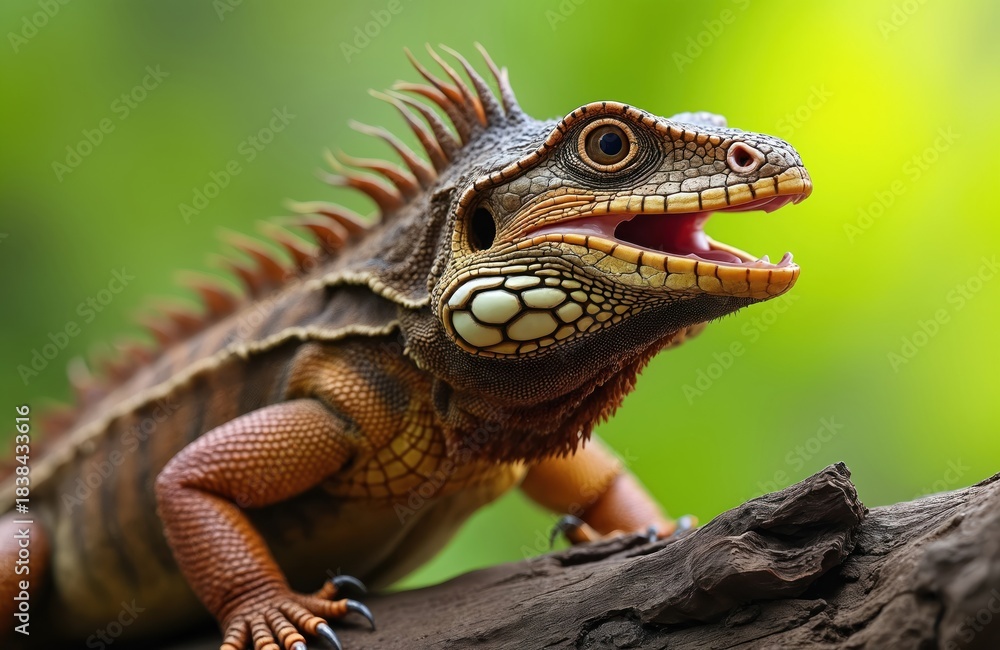 Fototapeta premium Brown iguana-like reptile shows open mouth on tree branch. Sharp teeth visible in aggressive display. Wild dragon creature lives in tropical jungle forest habitat. Exotic lizard looks fierce,