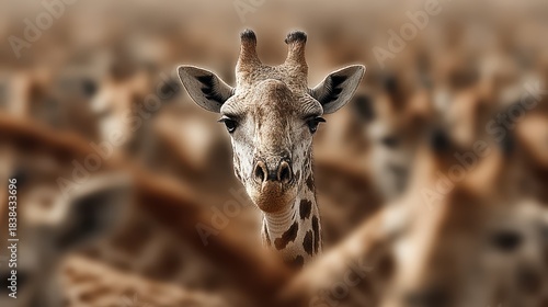 Lone Giraffe Standing Out in a Herd – Wildlife Photography Concept Highlighting Individuality, Focus, Contrast and Nature’s Unique Beauty