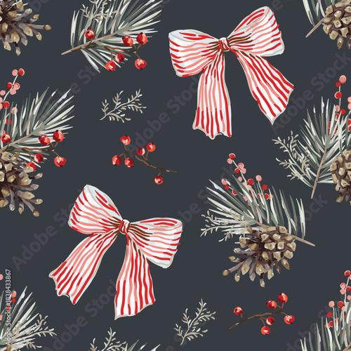 Christmas seamless pattern, pine cones, twigs, red berries, striped bows, black background. Vector illustration. Nature design. Season greeting. Winter xmas holidays