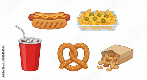 Diverse collection of classic entertainment snack foods and beverages for various events and gatherings