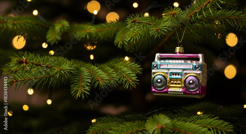 Retro boombox Christmas ornament hanging on a festive green Christmas tree branch with bokeh lights for holiday decoration.