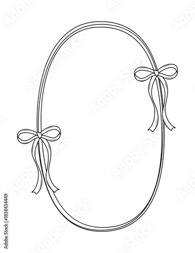 Vintage frame with a bow and a ribbon border. Doodle coquette style decorative ornament. Hand drawn vector illustration on white background.