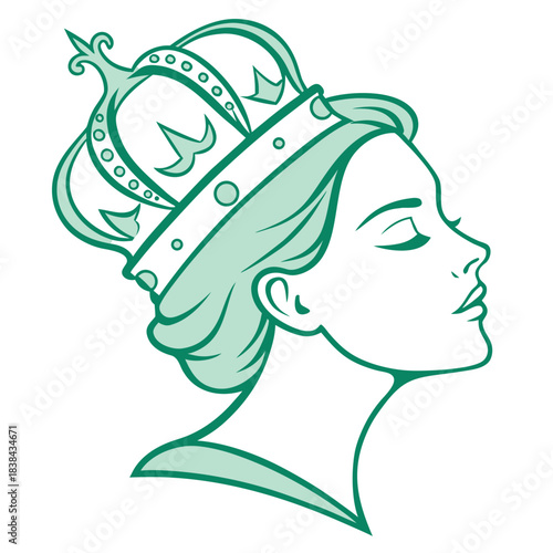 Illustration of a woman in profile wearing a detailed crown with circular and leaf like decorations