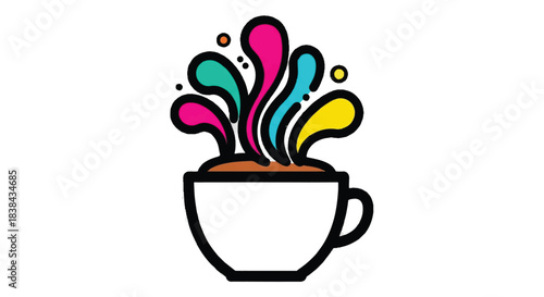 Colorful coffee cup with vibrant splash of liquid art design.