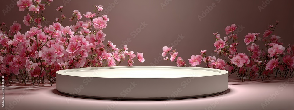 Fototapeta premium flower pink background blossom spring cherry tree nature garden landscape romantic road. tunnel flower pink background floral way path springtime grass arch pathway happy color park table floor podium