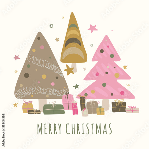 Creative Christmas Card with Festive Decorated Christmas Trees and Gift Boxes. Holiday Greeting Card with funky Christmas Trees.