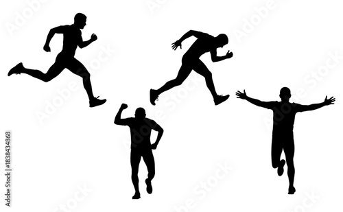Athlete silhouette icon set showing dynamic poses of running, jumping, and celebrating, black and white illustration