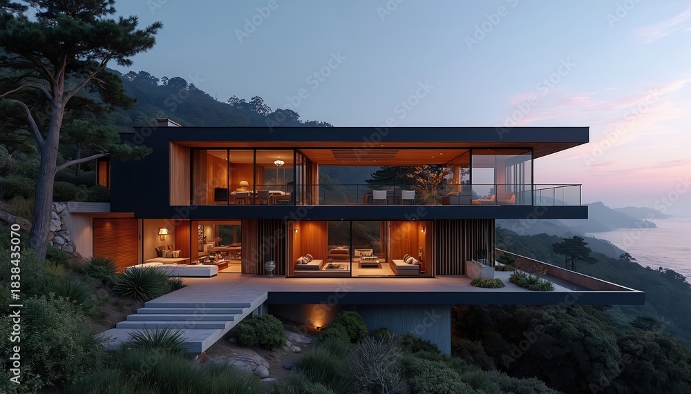 Fototapeta premium Modern multi story home built into hillside overlooking ocean sunset. Sleek architecture with wood and glass exterior details. Luxury estate offers stunning views and tranquil natural surroundings.