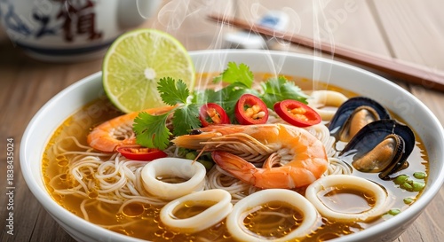 Seafood noodle soup tom yum hot broth shrimp squid mussels lime chili cilantro asian cuisine steaming bowl delicious food