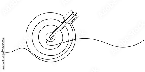 Continuous one line drawing of arrow in center of target. Single line art minimalist hand drawn vector illustration