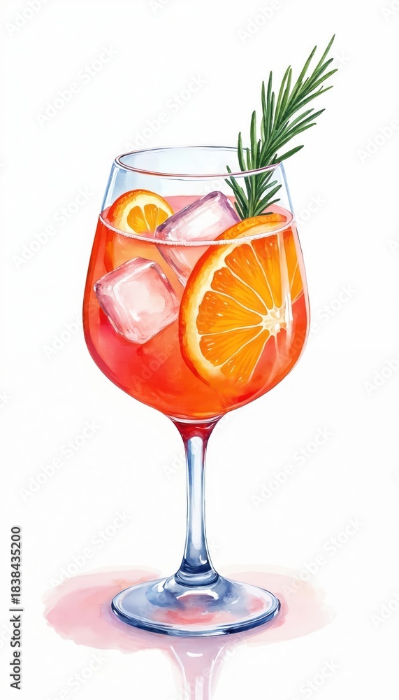 Fototapeta premium spritz cocktail in a wine glass with ice orange slices and rosemary. Hand drawn watercolor illustration of summer refreshing drink. Isolated on white background.