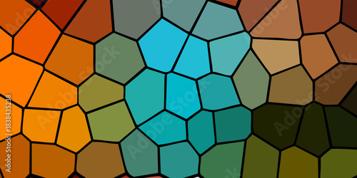 a colorful voronoi diagram with polygons in shades of green, blue, purple, and pink. The irregular polygons are bordered by white lines, creating a stained-glass-like effect.