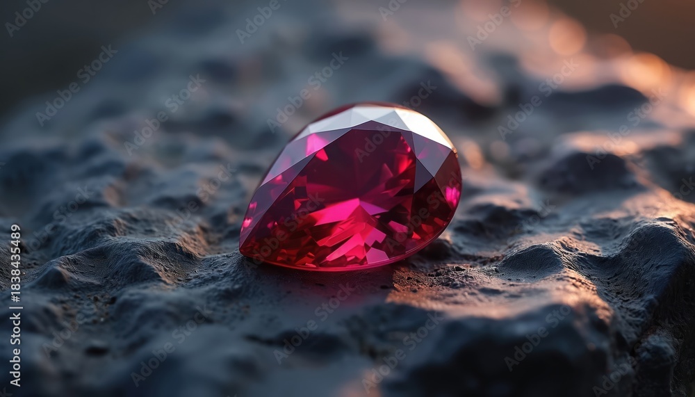 Naklejka premium Polished red sapphire gemstone rests on dark textured rock. This precious jewel exhibits brilliant facets and a pear shape cut. It gleams with internal fire, symbolizing wealth and luxury.