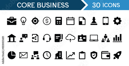 Set of 30 core business icons, Flat business icons bundle, Corporate and office icons.