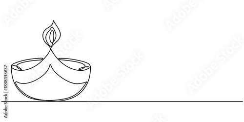 Continuous line drawing illustration of Diwali candles, for religious concept 1. Oil lamp, candle burning flame black contour line simple minimalist vector. Editable outline