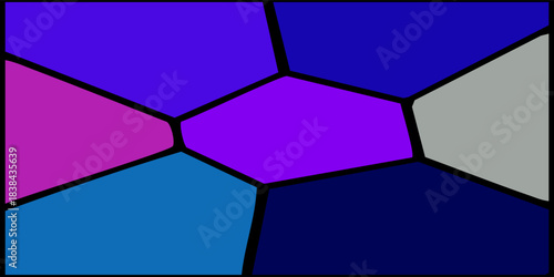 a colorful voronoi diagram with polygons in shades of green, blue, purple, and pink. The irregular polygons are bordered by white lines, creating a stained-glass-like effect.
