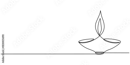 Continuous line drawing illustration of Diwali candles, for religious concept 1. Oil lamp, candle burning flame black contour line simple minimalist vector. Editable outline