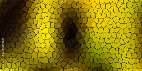 Abstract yellow mosaic with irregular polygon shapes and bold black outlines, creating a stained glass effect in warm earthy tones.