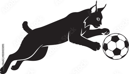 Black silhouette of a lynx jumping with a soccer ball