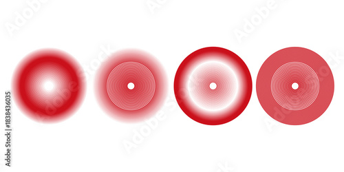 Red concentric ripple circles set. Sonar or sound wave rings collection. Epicentre, target, radar icon concept. Radial signal or vibration elements. Halftone line vector illustration
