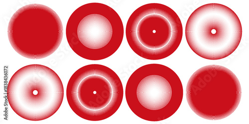 Red concentric ripple circles set. Sonar or sound wave rings collection. Epicentre, target, radar icon concept. Radial signal or vibration elements. Halftone line vector illustration