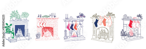 Cosy Christmas fireplace scenes with hanging stockings, winter greenery and warm glowing fire details
