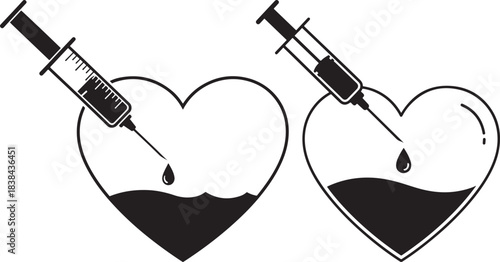 Two heart silhouettes receiving injections with droplets silhouette