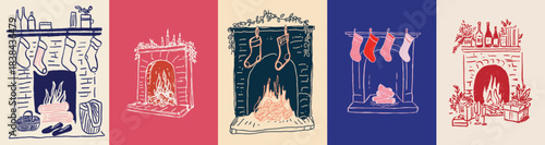 Cosy Christmas fireplace scenes with hanging stockings, winter greenery and warm glowing fire details