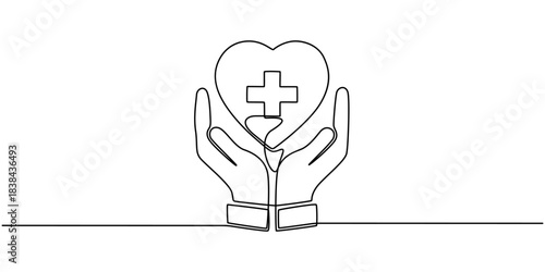 Continuous line drawing of palm hand holding medical cross and heart love. Vector illustration
