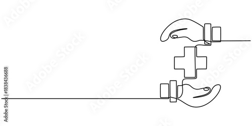 Continuous line drawing of palm hand holding medical cross and heart love. Vector illustration